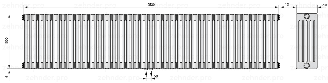 Схема (чертеж) Радиатор Zehnder Charleston 6100/55 №3470 Белый глянцевый RAL 9016